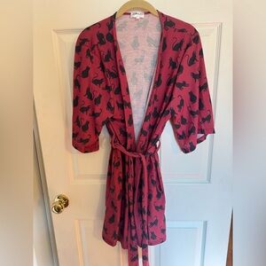 Chic Cat Patterned Robe - Deep Red
